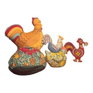 4 Vintage Handmade Stuffed Fabric Rooster Chicken Pillow Decor Farmhouse Chic